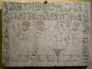 Mery, Hetepuy y Khety, cancilleres conjuntos durante el reinado de Senwosret (Sesostris) I, estela de piedra caliza pintada, civilización egipcia, Reino Medio, dinastía XII de Egyptian 12th Dynasty