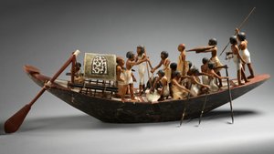 Modelo de barco deportivo de la tumba de Meketre, c.1981-1975 a.C. (madera enyesada y pintada, lino, cuerda de lino, cobre) de Egyptian 12th Dynasty