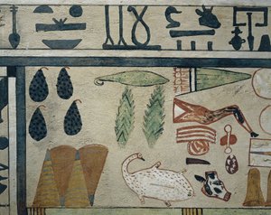 Detalle de panel que representa varias ofrendas de comida, del sarcófago de Irinimenpu de Egyptian 12th Dynasty