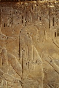 Anubis sosteniendo la momia, relieve de la tumba de Maia, nodriza de Tutankamón, Saqqara, Egipto, Civilización egipcia, Reino Nuevo, Dinastía XVIII, Detalle de Egyptian 18th Dynasty