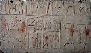 Disposición de alimentos en almacenes, relieve mural en piedra caliza, de la tumba menfita de Horemheb en Saqqara, Civilización egipcia, Reino Nuevo, Dinastía XVIII de Egyptian 18th Dynasty