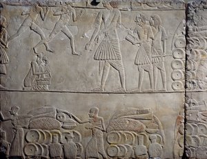 Disposición de alimentos en almacenes, relieve mural en piedra caliza, de la tumba menfita de Horemheb en Saqqara, Civilización egipcia, Reino Nuevo, Dinastía XVIII