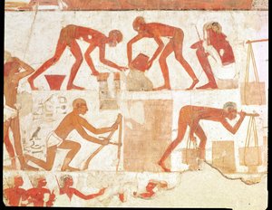 Construcción de un muro, de la tumba de Rekhmire, visir de Tutmosis III y Amenhotep II, Reino Nuevo (pintura mural) (véase 202228 para más detalles) de Egyptian 18th Dynasty