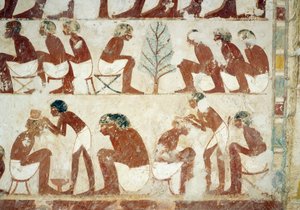 Corte de cabello de los soldados, fresco, pared sur, cámara transversal oeste, Tumba de Userhat, tutor y escriba durante el reinado de Amenhotep II, también conocida como tumba TT56, Sheikh Abd el-Qurna, Tebas. Civilización egipcia, Nuevo Reino, Dinastía X de Egyptian 18th Dynasty