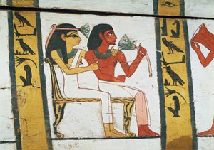 Detalle de la decoración de un sarcófago de La Dama de Madja, Nuevo Reino, c.1450 a.C. (madera pintada) de Egyptian 18th Dynasty