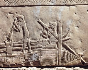 Egipto, Antigua Memphis, Necrópolis de Saqqara. Mastaba de Ipi. Relieve que representa a carpinteros reparando una barca. (Reino Nuevo, Dinastía XVIII)