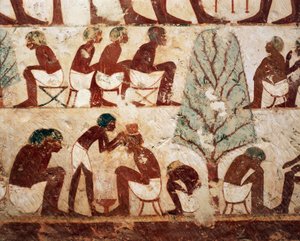 Egipto, Luxor, Tebas Occidental, Sheik el Gurnak. Tumba de Usirhat, barbero, detalles del fresco de Egyptian 18th Dynasty