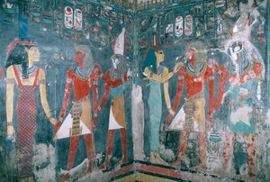 Egipto, Tebas, Luxor, Valle de los Reyes, Tumba de Horemheb, Pintura mural que representa a Horemheb entre la diosa Isis y el dios Horus, Reino Nuevo, Dinastía XVIII de Egyptian 18th Dynasty