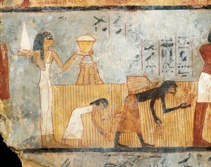 Egipto, Tebas, Tumba de Unsu, Mujer llevando comida a los trabajadores del campo, pintura mural de Egyptian 18th Dynasty