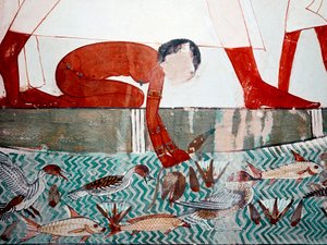 Arte egipcio: Tumba de Menna. Escena de pesca, detalle. Una sirvienta desnuda recoge una flor de loto