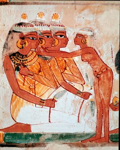Arte egipcio: Tumba de Nakht. Aseo: criada ayudando a tres mujeres con flores de loto a ponerse joyas antes del banquete funerario. Fresco de Luxor