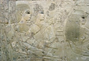 Antigüedad egipcia: bajorrelieve que representa a los invitados de un banquete funerario - Tumba del Visir Ramose (dinastía XVIII) - Luxor, Tebas, Tumba de los Nobles Egipto - Civilización egipcia: bajorrelieve que representa a los invitados de un banquete de Egyptian 18th Dynasty