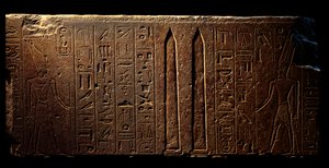 Antigüedad egipcia: detalle de un fresco grabado que representa a la Reina Hatshepsut (izquierda) y dos obeliscos en el templo de Amón - Año 15 de su reinado (1475-1468 a.C.) XVIII dinastía - Luxor, Museo de Arte Egipcio de Egyptian 18th Dynasty