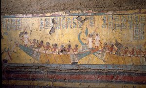 Antigüedad egipcia: fresco de la tumba del pintor Maia, peregrinación en barco a Abidos, cita de Osiris. Dinastía XVIII. De la Capilla de Maia, Deir el-Medineh (el Medineh), Nuevo Imperio de Egyptian 18th Dynasty