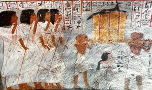 Antigüedad egipcia: procesión con portadores de vasos de dosel utilizados para recolectar las vísceras del difunto. Tumba de Roy de Egyptian 18th Dynasty