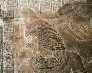 Antigüedad egipcia: relieve de la tumba de Kha em Het (Khaemhat) inspector de graneros y escriba en la corte de Amenofis III (TT57) que representa a un personaje con un cono. 18ª dinastía. 1530-1290 a.C. Valle de los Nobles. Luxor, orilla oeste, Egipto