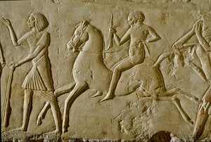 Antigüedad egipcia: relieve con guerrero a caballo. Final de la dinastía XVIII de Egyptian 18th Dynasty