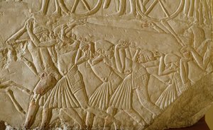 Antigüedad egipcia: esclavos transportando un obelisco durante las grandes obras del Egipto faraónico. (detalle) de Egyptian 18th Dynasty