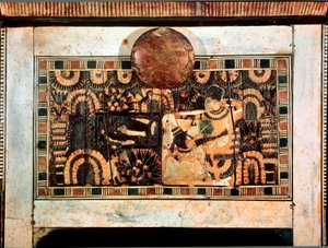 Antigüedad egipcia: pequeña caja de madera con incrustaciones de marfil que representa las partes de caza del faraón Tutankamón. XVIII dinastía. De la tumba de Tutankamón (All-Ankh-amun o Tutankamón) (1345-1327 a.C.) Valle de los Reyes. Tebas, Museo Egipci