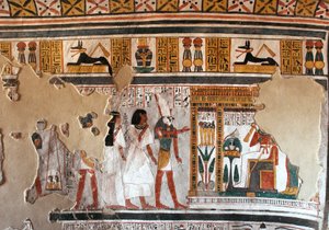 Antigüedad egipcia: Horus guía a Roy y su esposa hacia Osiris. Fragmentos de fresco de la Tumba de Roy (TT255). Dinastía 18. De la Orilla Oeste de Luxor, Egipto