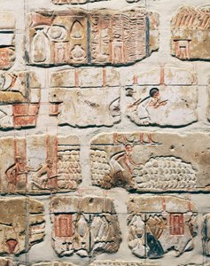 Civilización egipcia, fragmentos del muro de Talatat, del templo de Amenhotep IV en Karnak, Luxor, Egipto.