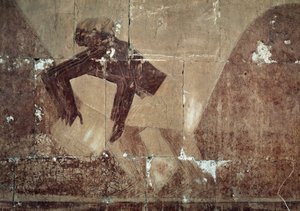 Intercambio de alimentos, detalle de escena que representa la expedición al País de Punt, relieve pintado, Columnata de Punt, Templo Mortuorio de Hatshepsut, Deir el-Bahari, Necrópolis tebana, Civilización egipcia, Reino Nuevo, Dinastía XVIII