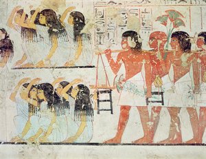 Grupo de dolientes en la procesión fúnebre de Ramose, de la Capilla de la Tumba de Ramose, Nuevo Reino, c.1360 a.C. (pintura mural) de Egyptian 18th Dynasty
