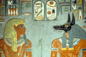 Horemheb y Anubis, de la Tumba de Horemheb (c.1323-1295 a.C.) Nuevo Reino (pintura mural) (detalle) de Egyptian 18th Dynasty