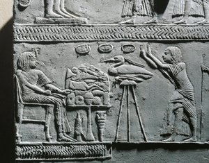 Horemheb comiendo la comida funeraria, relieve de la tumba de Horemheb en Saqqara de Egyptian 18th Dynasty