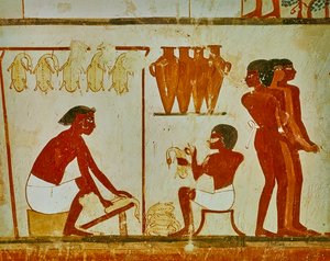 Procesamiento de carne de aves, detalle de la tumba de Nakht, c.1390 a.C. (pintura mural)