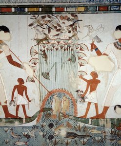 Menna y su familia pescando y cazando aves en los pantanos del Nilo, detalle de los frescos en la capilla de la Tumba de Menna, Necrópolis de Sheikh Abd el Qurnah, Luxor, Tebas (Lista del Patrimonio Mundial de la Unesco)