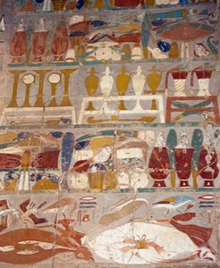Ofrendas y frascos de perfume entre Anubis y Hatshepsut, mural, Capilla de Anubis, Templo mortuorio de Hatshepsut, Deir el-Bahari, Necrópolis tebana (Lista del Patrimonio Mundial de la Unesco. de Egyptian 18th Dynasty