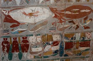 Bajorrelieve pintado, Templo Mortuorio de la Reina Hatshepsut, Djeser-Djeseru (Santo de los Santos), Deir el-Bahri, Luxor, Tebas (Lista del Patrimonio Mundial de la Unesco). de Egyptian 18th Dynasty