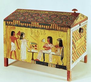 Cofre pintado con una escena de banquete de la tumba de Kha encontrado en Deir el-Medina, Nuevo Reino