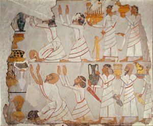 Parte de una pared de tumba pintada que muestra a portadores de tributo asiáticos, c.1400 a.C. de Egyptian 18th Dynasty