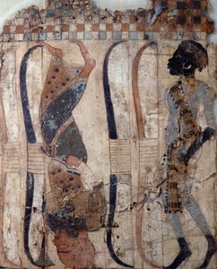 Prisioneros de países conquistados, pintado sobre material de la Tumba de Tutankhamón, Civilización egipcia, Reino Nuevo, Dinastía XVIII, Detalle del rostro
