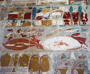 Provisiones y cerámica ofrecidas a los dioses por la reina Hatshepsut, relieve pintado, Capilla de Anubis, Templo Mortuorio de la reina Hatshepsut, también conocido como Djeser-Djeseru, Deir el-Bahri, Tebas. Civilización egipcia, Reino Nuevo, Dinastía XVII de Egyptian 18th Dynasty