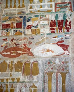 Provisiones y cerámica ofrecidas a los dioses por la reina Hatshepsut, relieve pintado, Capilla de Anubis, Templo Mortuorio de la reina Hatshepsut, también conocido como Djeser-Djeseru, Deir el-Bahri, Tebas. Civilización egipcia, Reino Nuevo, Dinastía XVII de Egyptian 18th Dynasty