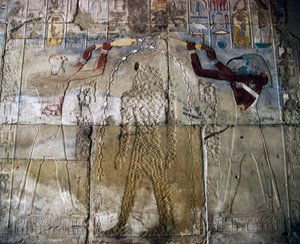 La reina Hatshepsut entre el dios Horus y el dios Thoth, relieve pintado, vestíbulo de la Capilla Roja de Hatshepsut, complejo del templo de Karnak (Lista del Patrimonio Mundial de la Unesco de Egyptian 18th Dynasty