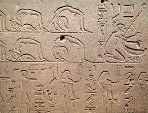 Relieve que representa acróbatas y un arpista, de Karnak, Nuevo Reino