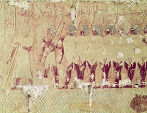 Relieve que representa a los soldados enviados por la reina Hatshepsut en una expedición a la Tierra de Punt de Egyptian 18th Dynasty