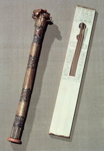 Paleta de escriba y estuche para cañas de escritura, de la tumba de Tutankamón (c.1370-52 a.C.) Nuevo Reino