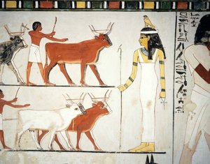 Pastores y ganado delante de la diosa Imentet, fresco, pared sur, cámara longitudinal, Tumba tebana TT69, Jeque Abd el-Qurna, Tebas (Lista del Patrimonio Mundial de la Unesco de Egyptian 18th Dynasty