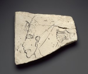 Bocetos de la cabeza y mano de Akhenatón, del Gran Palacio en Tell el-Amarna