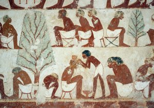Soldados cortándose el cabello, detalle de los frescos en la Tumba de Userhat, Necrópolis de Sheikh Abd el Qurnah, Luxor, Tebas (Lista del Patrimonio Mundial de la Unesco) de Egyptian 18th Dynasty