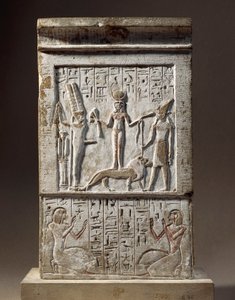 Siria, Kadesh, Estela ofrecida por Huy, artesano del Valle de los Reyes: donante adorando a la diosa Kadesh y al dios Rechep. de Egyptian 18th Dynasty
