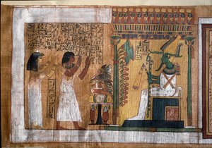 El difunto Kha y su esposa Merit adorando a Osiris, señor del más allá - Papiro del Libro de los Muertos