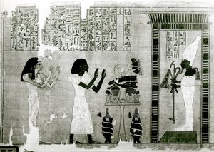El difunto acompañado por su hermana rinde homenaje a Osiris, detalle del Libro de los Muertos, Reino Nuevo (papiro)
