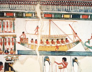 El barco solar, detalle de la peregrinación a Abidos, fresco, pared norte, comedor largo, Tumba Tebana TT69, Sheikh Abd el-Qurna, Tebas (Lista del Patrimonio Mundial de la Unesco)