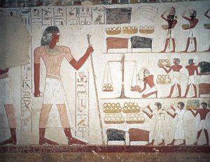 El pesaje del cobre, fresco, Tumba de Userhat, tutor y escriba durante el reinado de Amenhotep II, también conocida como tumba TT56, Sheikh Abd el-Qurna, Tebas (Lista del Patrimonio Mundial de la Unesco)
